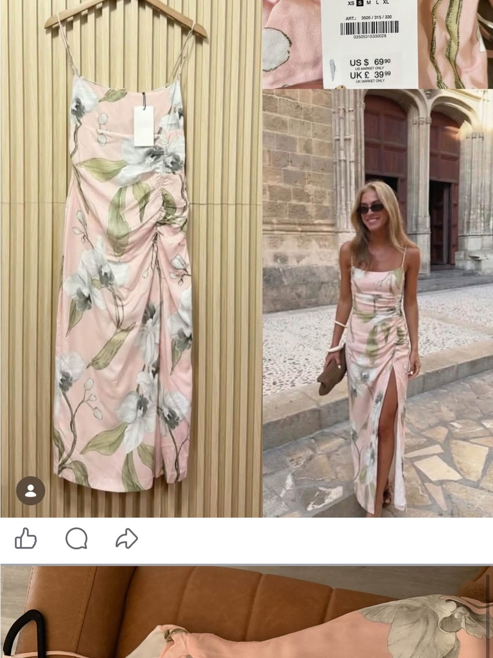 Zara Pink Floral Maxi Slip Dress with Green Leaf Print